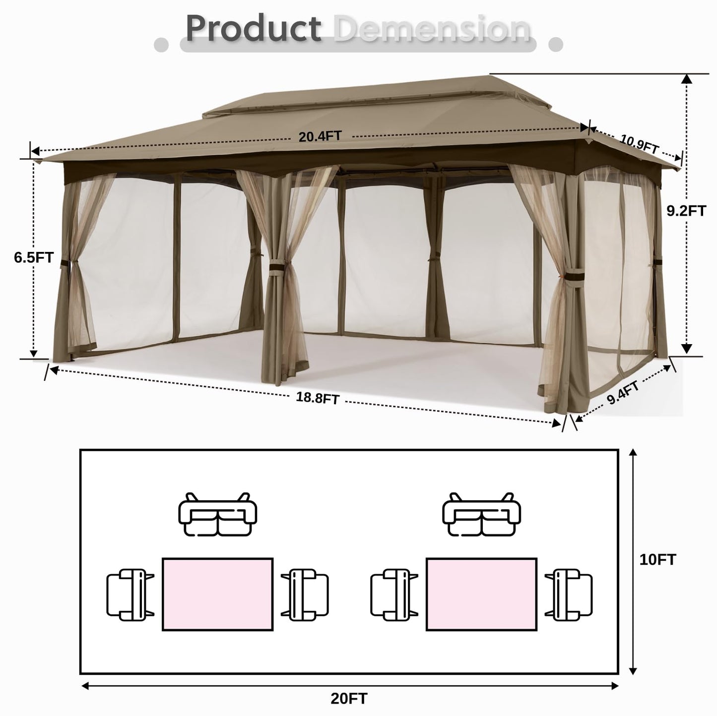 MASTERCANOPY Outdoor Patio Gazebo for Garden with Upgrade Steel Frame and Netting Walls (10x20,Khaki)