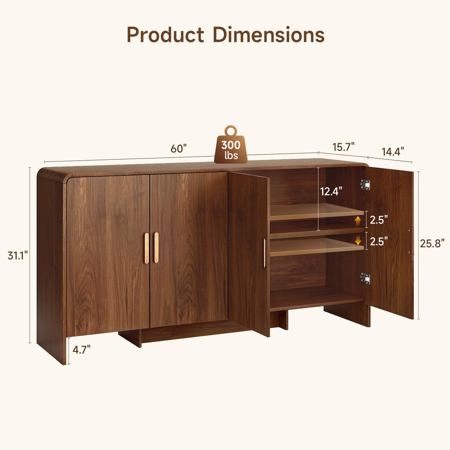 60" Sideboard Buffet Cabinet, Large Curved Design Storage Cabinet with 4 Doors & 2 Adjustable Shelves, Sturdy Build, Easy Assembly, Bar Console Fit for Dining Room/Living Room/Kitchen, Walnut