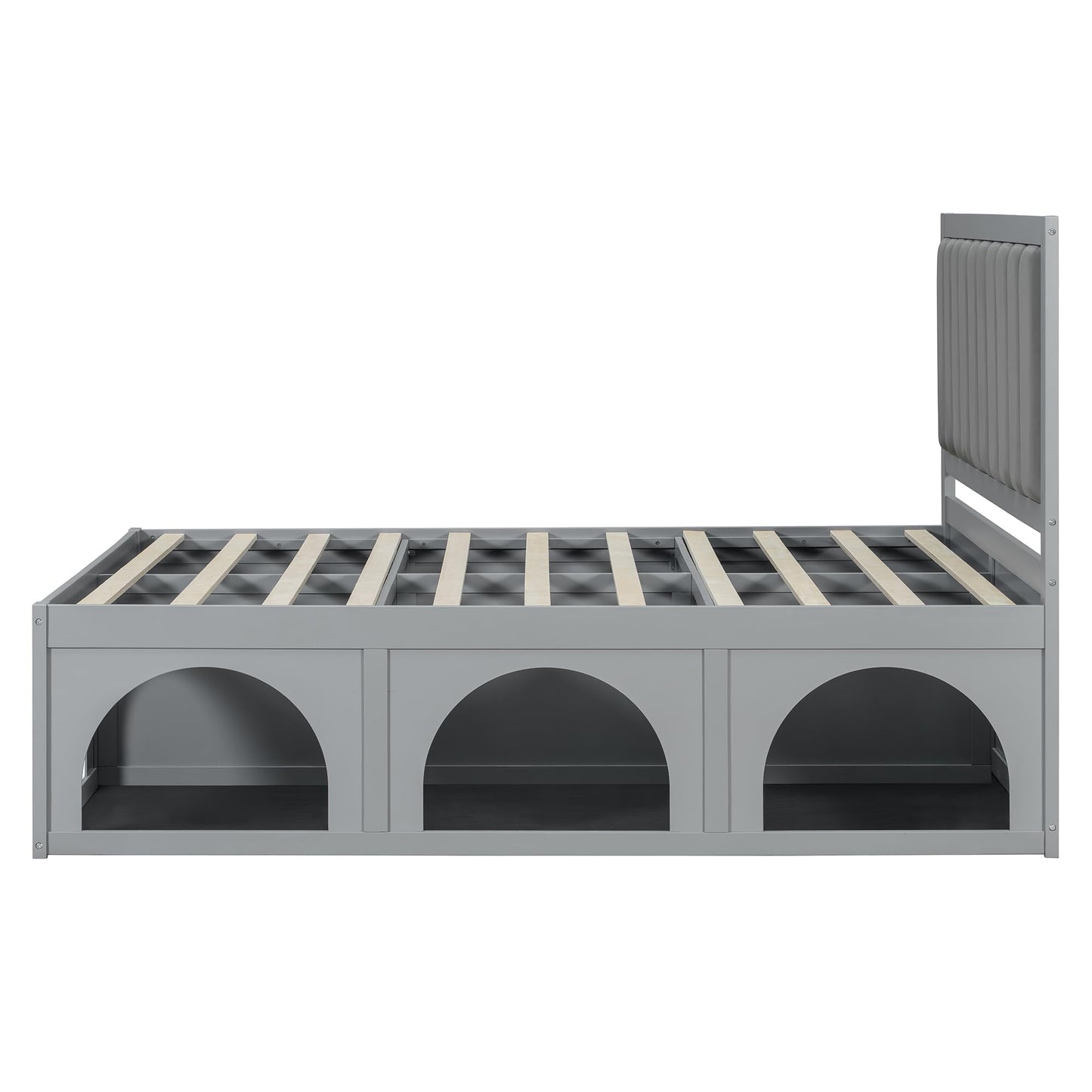 Merax Queen Platform Bed – Heavy Duty Metal Bed Frame with Pet-Friendly Under-Bed Nook, Space-Saving Storage, Upholstered Headboard, Wood Slats Support & Elevated Modern Design, Light Grey