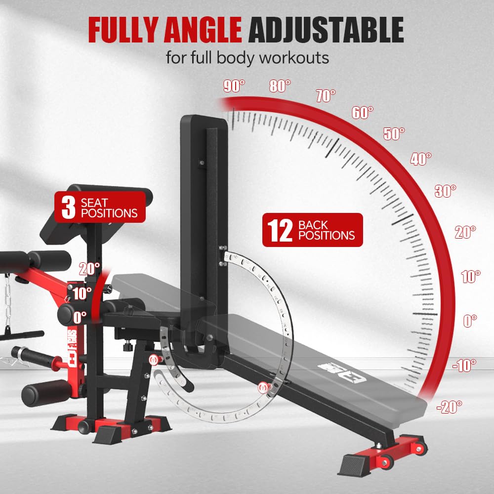 FAGUS H All in One Home Gym System Workout Station with Weight Bench, Multi-Function Smithe Machine Power Cage with Cable Crossover, Tripe-Sided Independent Load Posts Functional Trainer, Black & Red