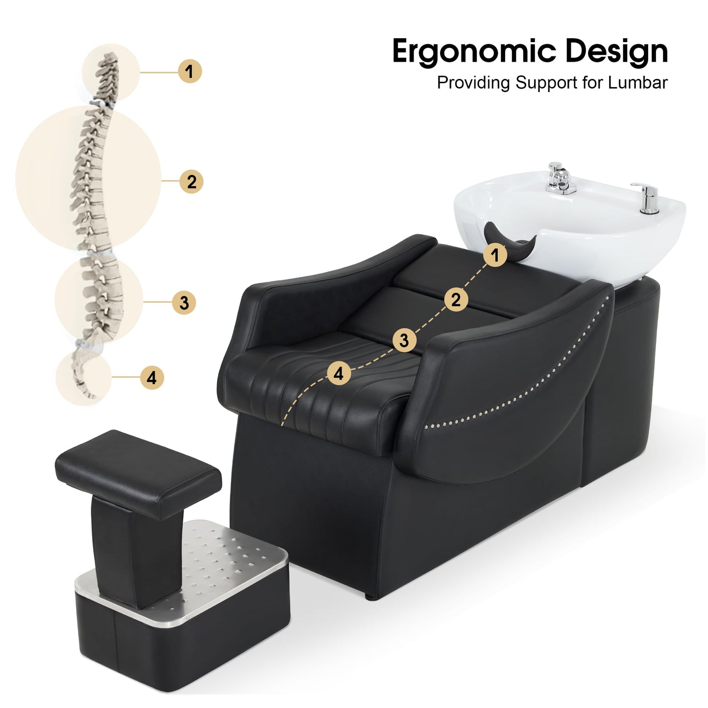 BarberPub Shampoo Backwash Station Chair, Ceramic Shampoo Bowl and Chair Set for Salon with Independent Footrest, Barbershop, Home Salon, Beauty Spa 9115