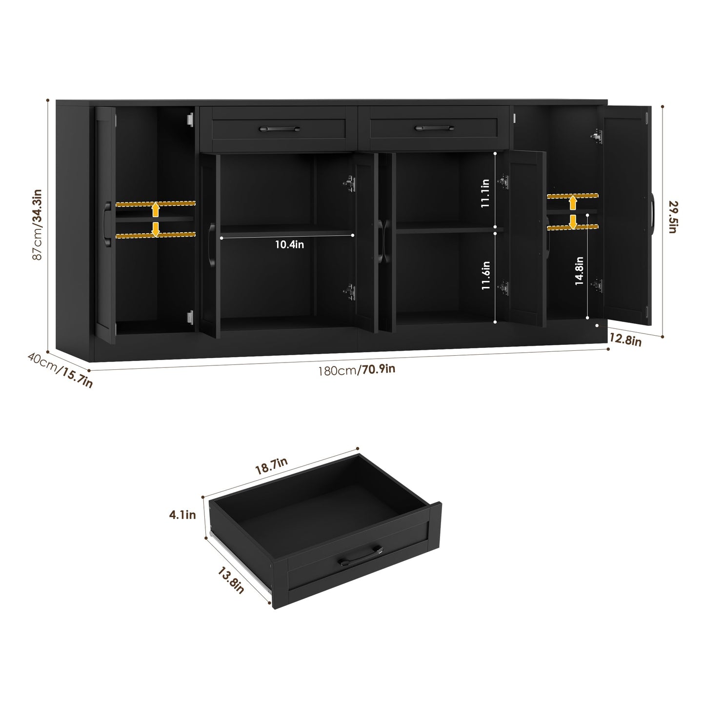 BOTLOG 71” Large Buffet Cabinet with Storage, Sideboard Buffet Cabinet with Adjustable Shelves and 6 Soft-Close Doors, Wood Coffee Bar Console Table for Kitchen, Dining Room, Black