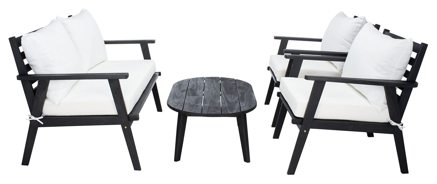 SAFAVIEH Outdoor - Deacon 4-Piece Conversation Set - Black & Beige - Solid Wood - Coastal Slatted Design with Cushions - Ideal for Patio, Deck, Porch, Backyard (PAT7050G)