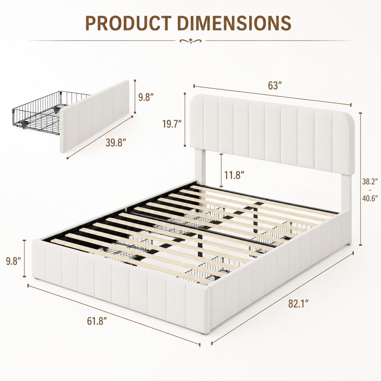 IDEALHOUSE Queen Size Velvet Bed Frame with 4 Storage Drawers, Upholstered Platform Bed with Vertical Channel Tufted Adjustable Headboard, No Box Spring Needed, Easy Assembly, Beige