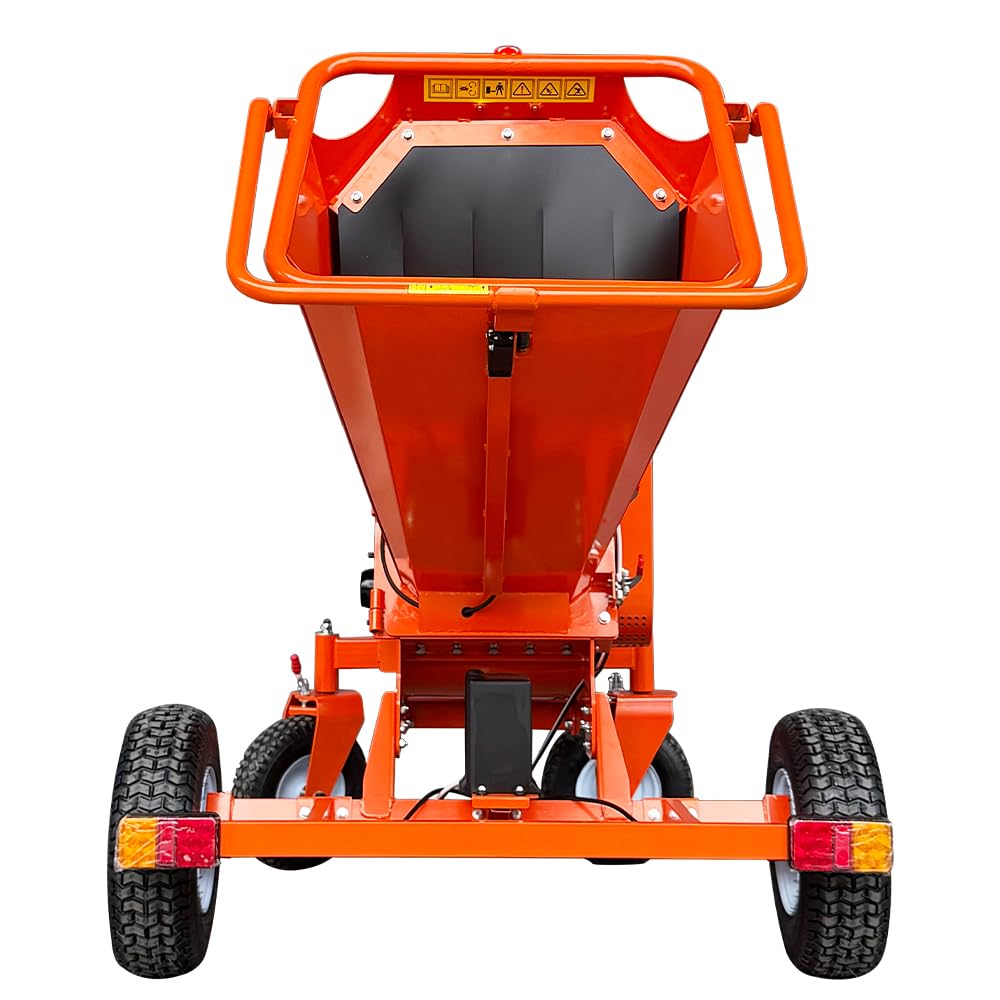 18HP 6 Inch 420cc Gas Powered Wood Chipper Shredder Mulcher, 4-Wheels Towable Wood Chipper Leaf & Branch Shredder with Towbar, Emergency Stop Button, Max Chipping Capacity for Wood Pellets (orange)