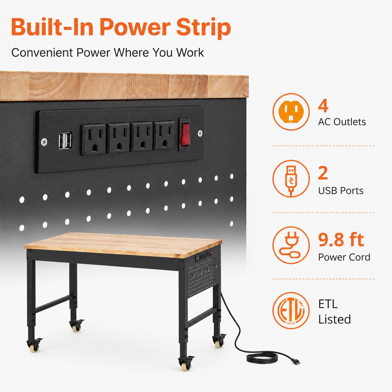 60"x22"x1.2" Heavy Duty Adjustable Workbench with Rubber Wood Top, 9 ft Power Strip, 2000 LBS Load Capacity, Lockable Wheels, ETL Certified, Black Garage & Office Table