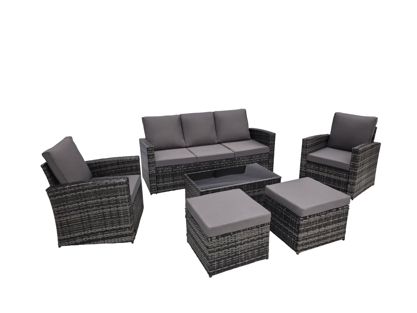 KEIKI 6Pcs Outdoor Patio Conversation Furniture Sets with Couch,Chair, Glass Coffee Table & Ottoman, PE Wicker Sectional Couch Sofa Seating with Thick Cushion for Backyard Lawn Poolside, All-Weather