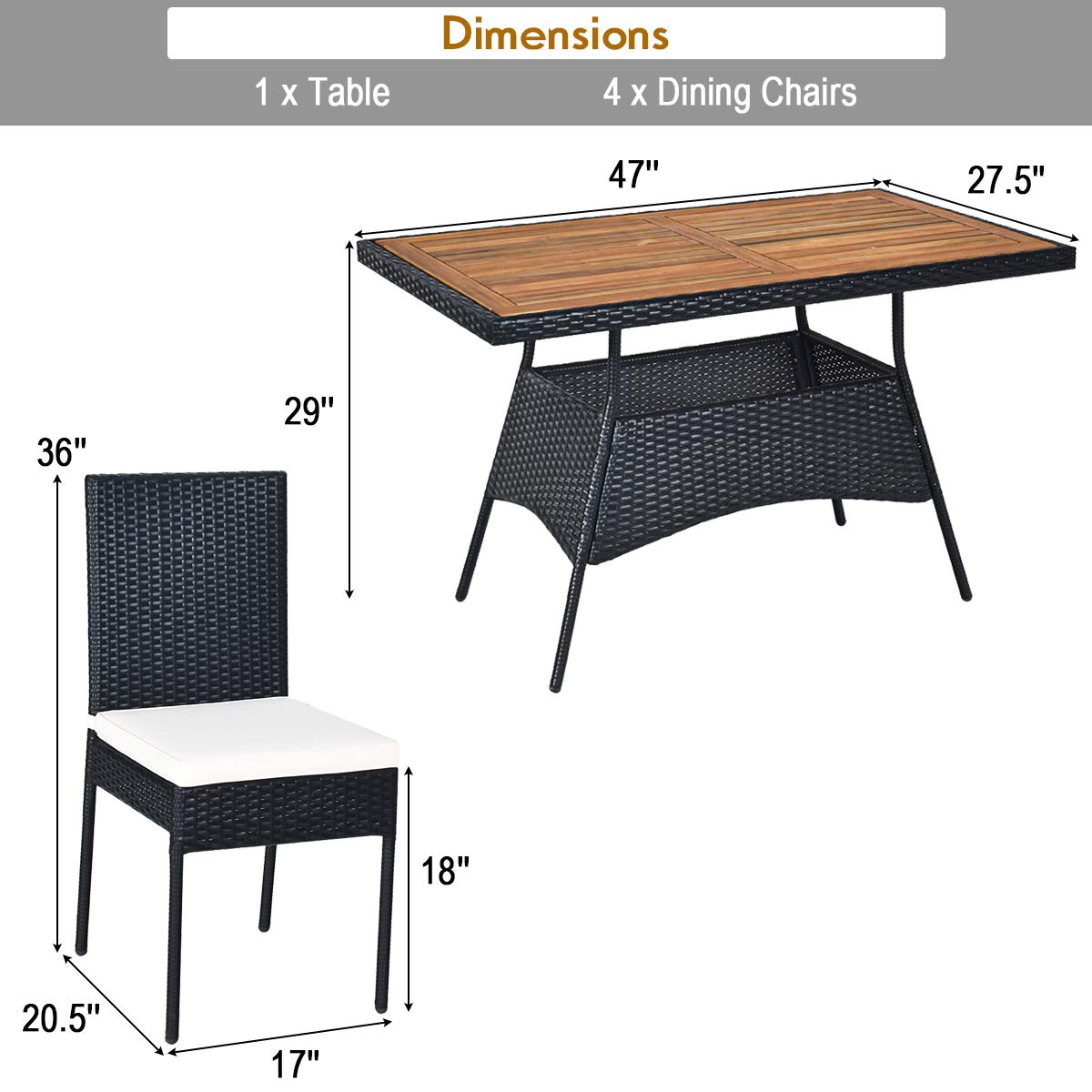 Tangkula 5 Piece Wicker Patio Dining Set, Outdoor Rattan Table & Chairs Set with Padded Cushions, Patio Furniture Dining Acacia Wood Table Set for Balcony Patio Garden Poolside