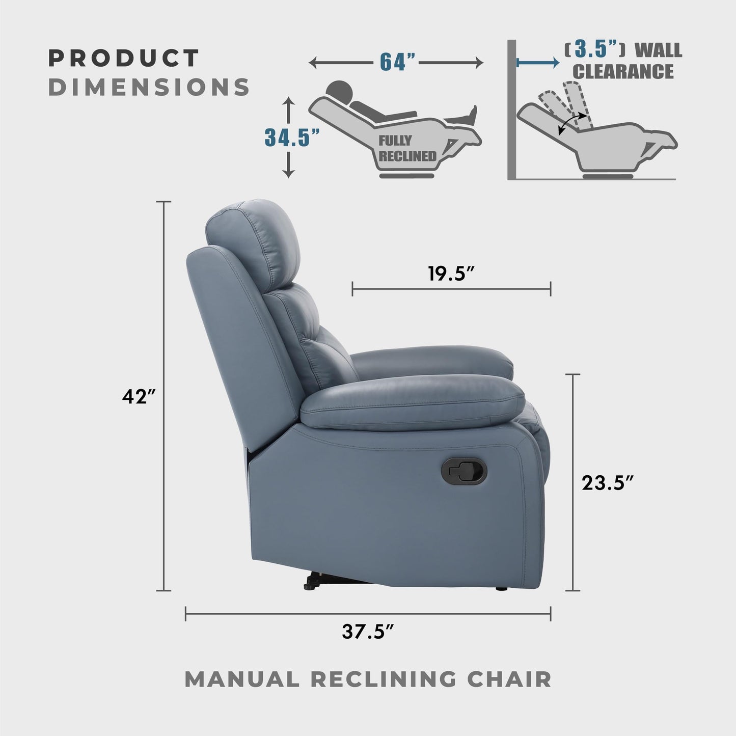 Lexicon 41" W Manual Reclining Chair, Top Grain Leather Match Recliner, Home Theater Seating, Wall Hugger Recliner, Manual Reclining Sofa Chair for Living Room/Office/Apartment, Blue