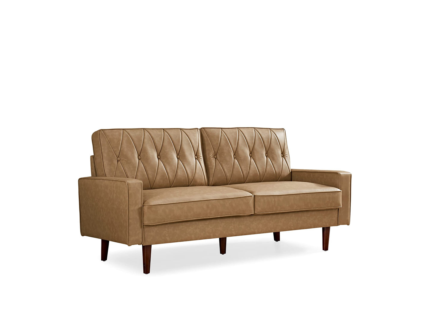Container Furniture Modern Style Faux Leather Sofa with Elegant Round Tapered Legs and Button Tufted Backrest Perfect for Living Room, Bedroom or Home Office, 69.3’’ Wide, Camel