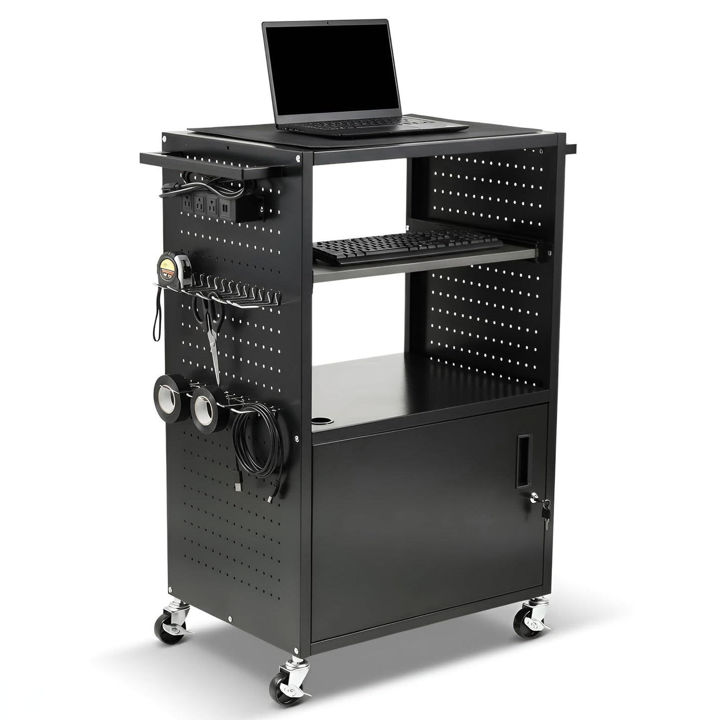 AV Cart with Wheels, Lockable Multimedia Computer Cart with Power Strip, Mobile Projector Cart with Pull-Out Keyboard Tray, Steel Cabinet Storage, Pegboard & Hooks for Classroom Office School