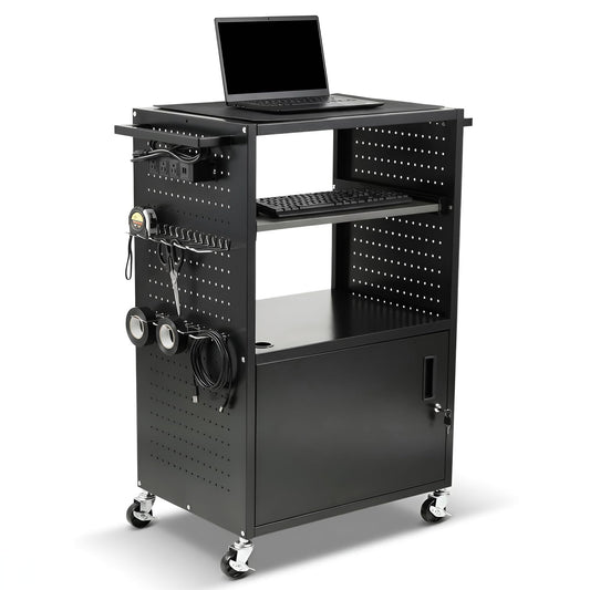 AV Cart with Wheels, Lockable Multimedia Computer Cart with Power Strip, Mobile Projector Cart with Pull-Out Keyboard Tray, Steel Cabinet Storage, Pegboard & Hooks for Classroom Office School