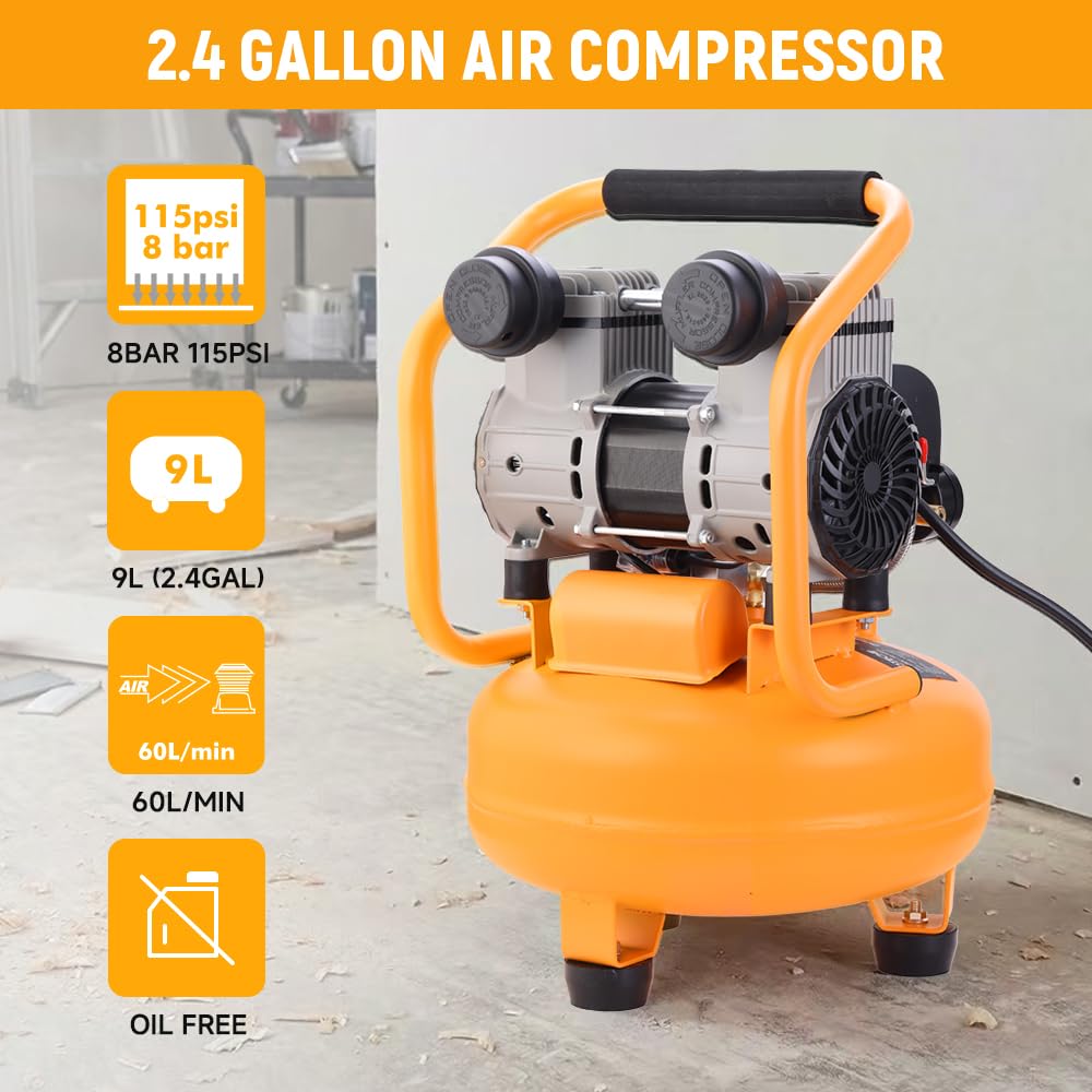 Hoteche 9L Vertical Air Compressor, 1000W, Matte Yellow, Dual Display Gauge with Pressure Regulator & Ball Valve