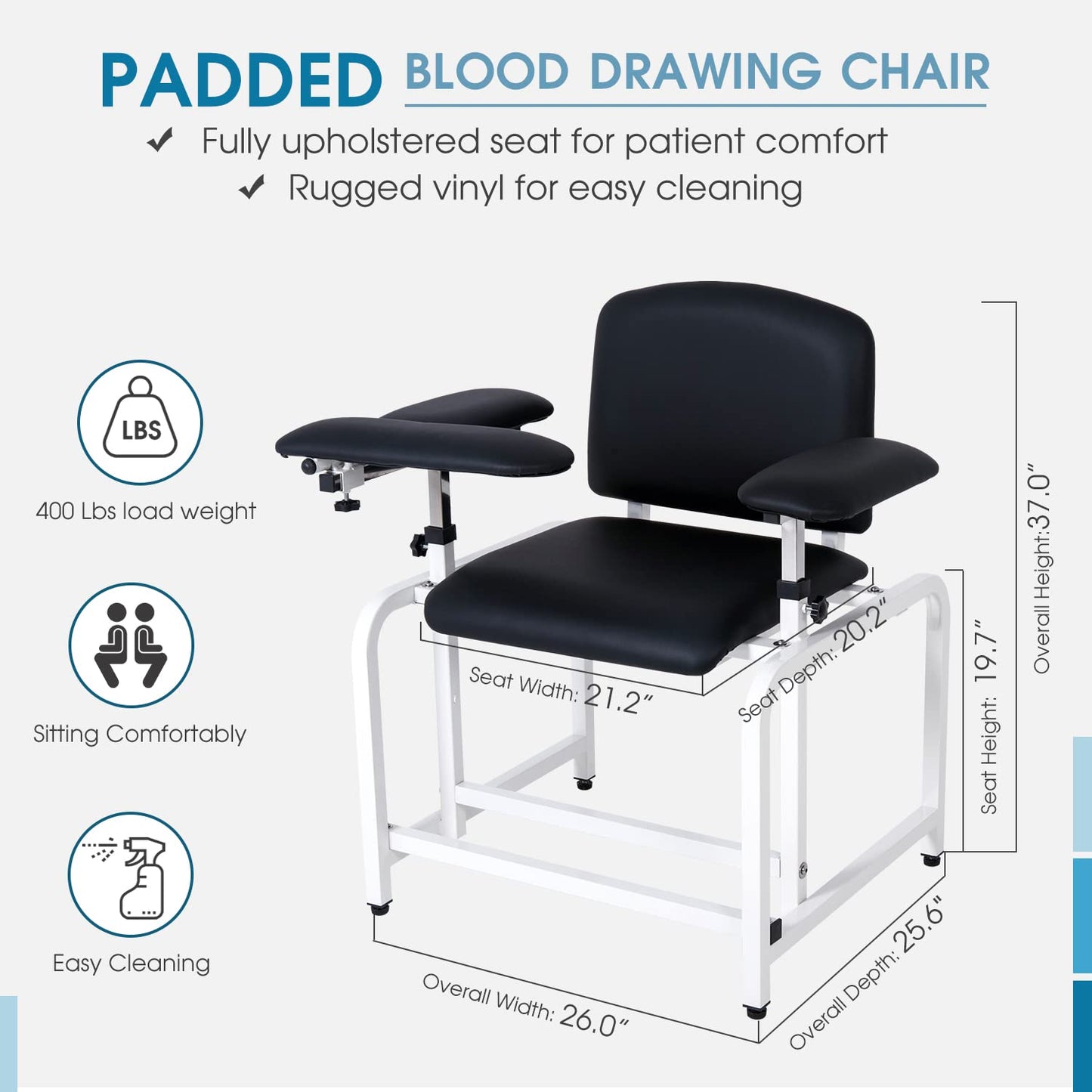 COOLWAVE Extra Thick Padded Phlebotomy Chair with Arms Black