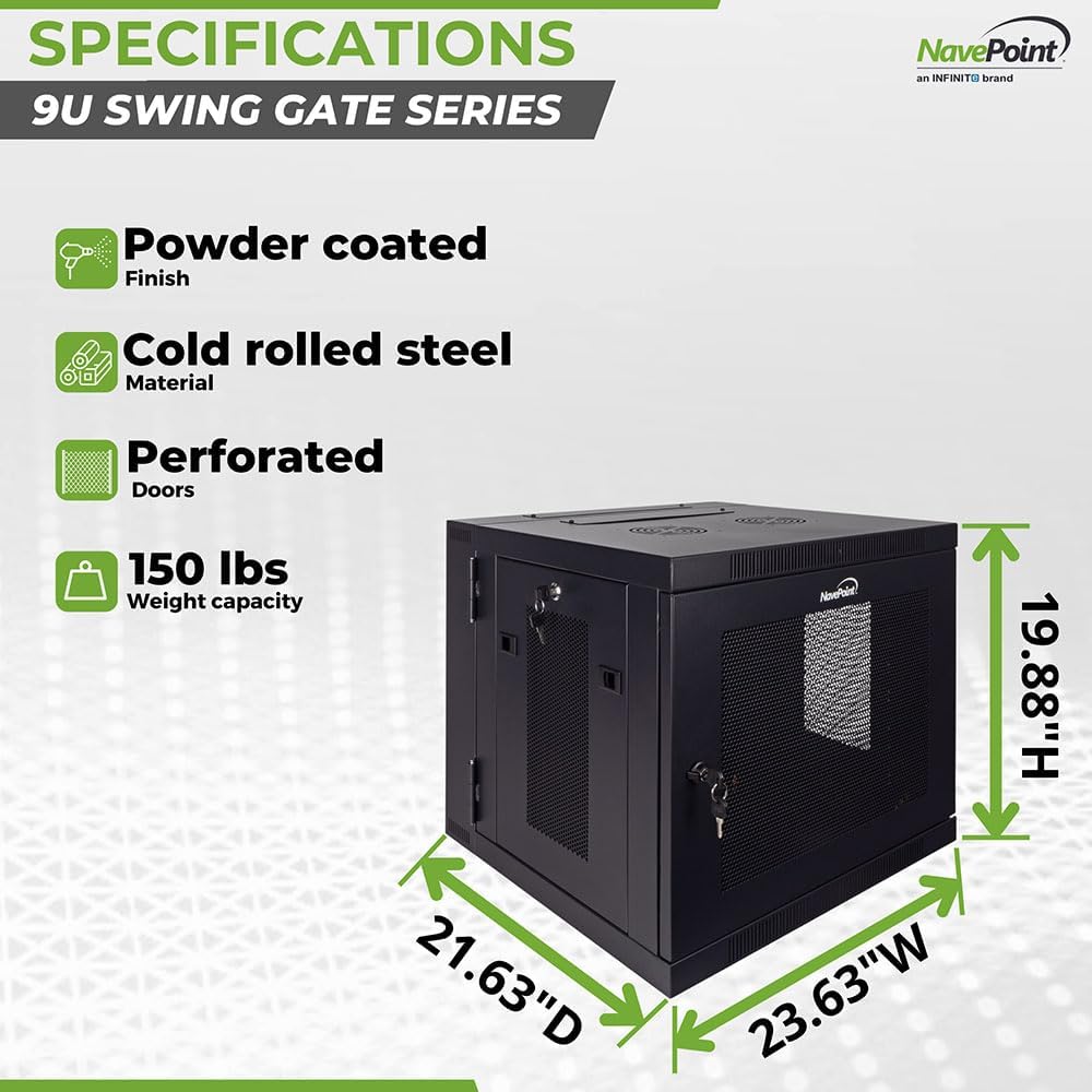 NavePoint 9U Server Cabinet with Hinged Back - 17.7” Deep, Server Rack Enclosure with Locking Perforated Door, Wall Mount Rack with Removable Side Panels, Network Cabinet, Pre-Assembled