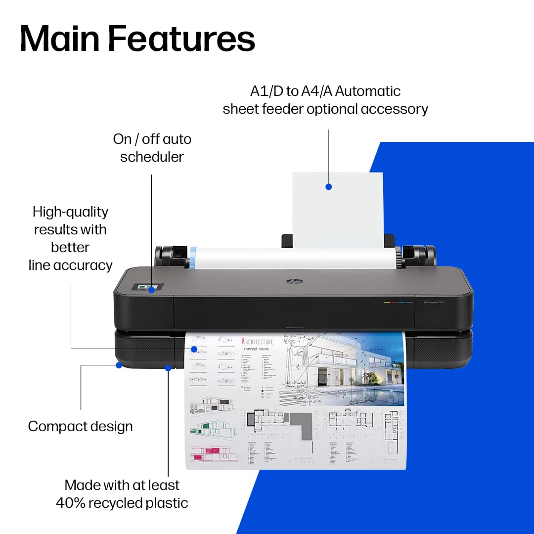 HP DesignJet T210 Large Format 24-inch Plotter Printer, for Easy CAD & Poster Prints (8AG32D)