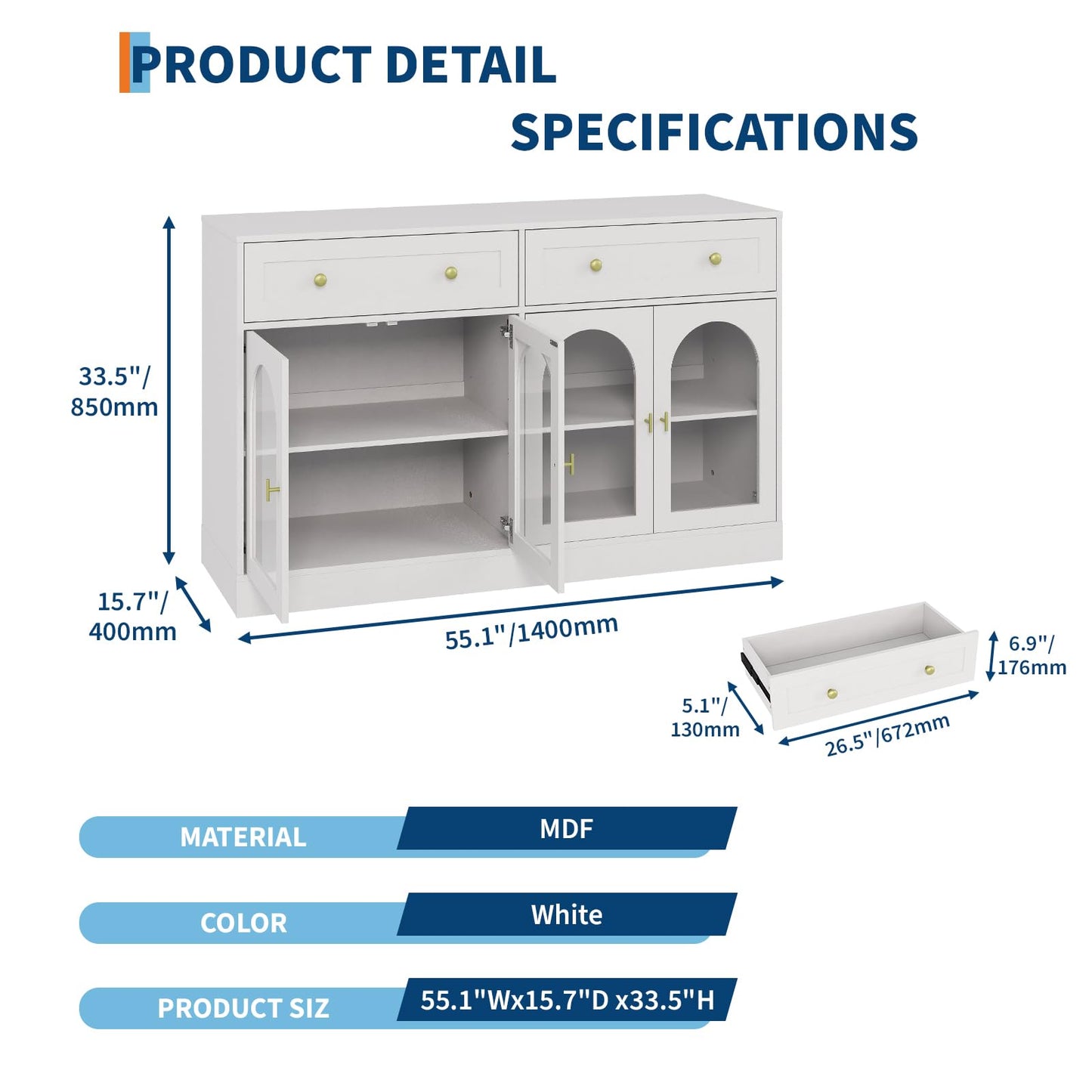 GAOMON 55in Buffet Cabinet with Storage, Farmhouse Sideboard Buffet Cabinet Large Console Coffee Bar Table with 2 Drawers and 4 Acrylic Doors for Kitchen Dining Room Living Room,White