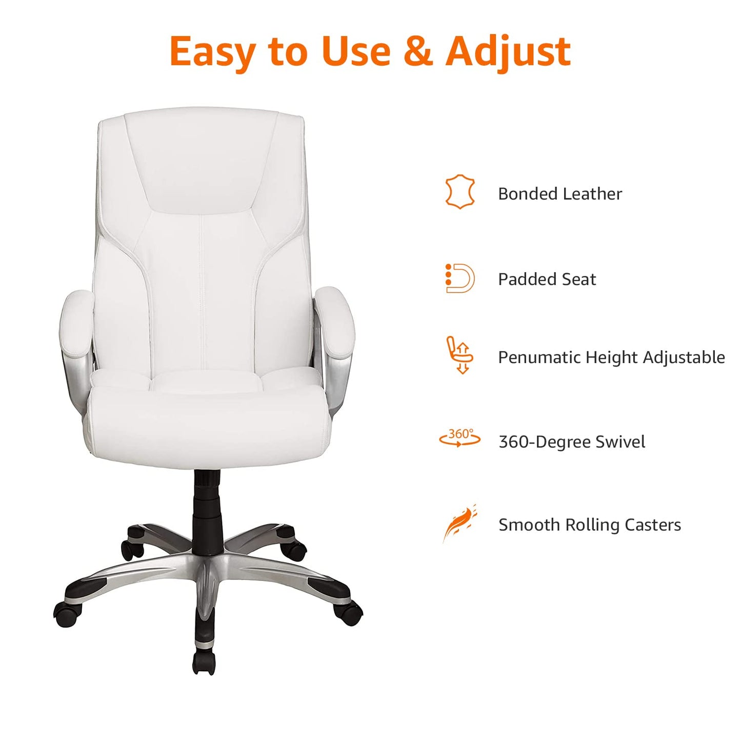 Amazon Basics Executive High Back Office Desk Chair, Adjustable Height, Tilt, Swivel, 275lb Capacity, Bonded Leather, White/Pewter