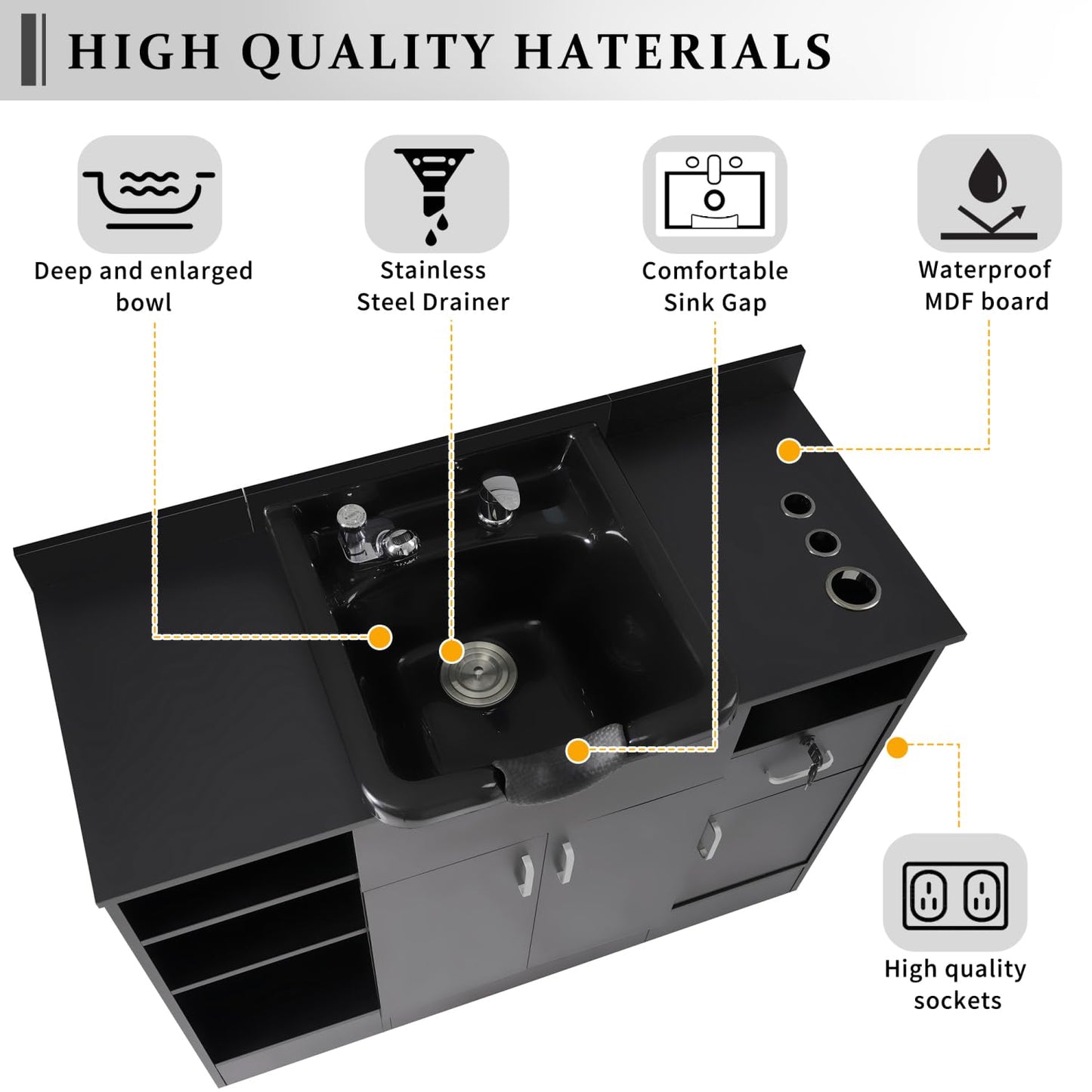 Shampoo Backwash Station for Salons, Salon Station with Shampoo Bowl & Storage Layer, Drawer, USB Port, Faucet Sprayer, Salon Equipment for Spa Beauty
