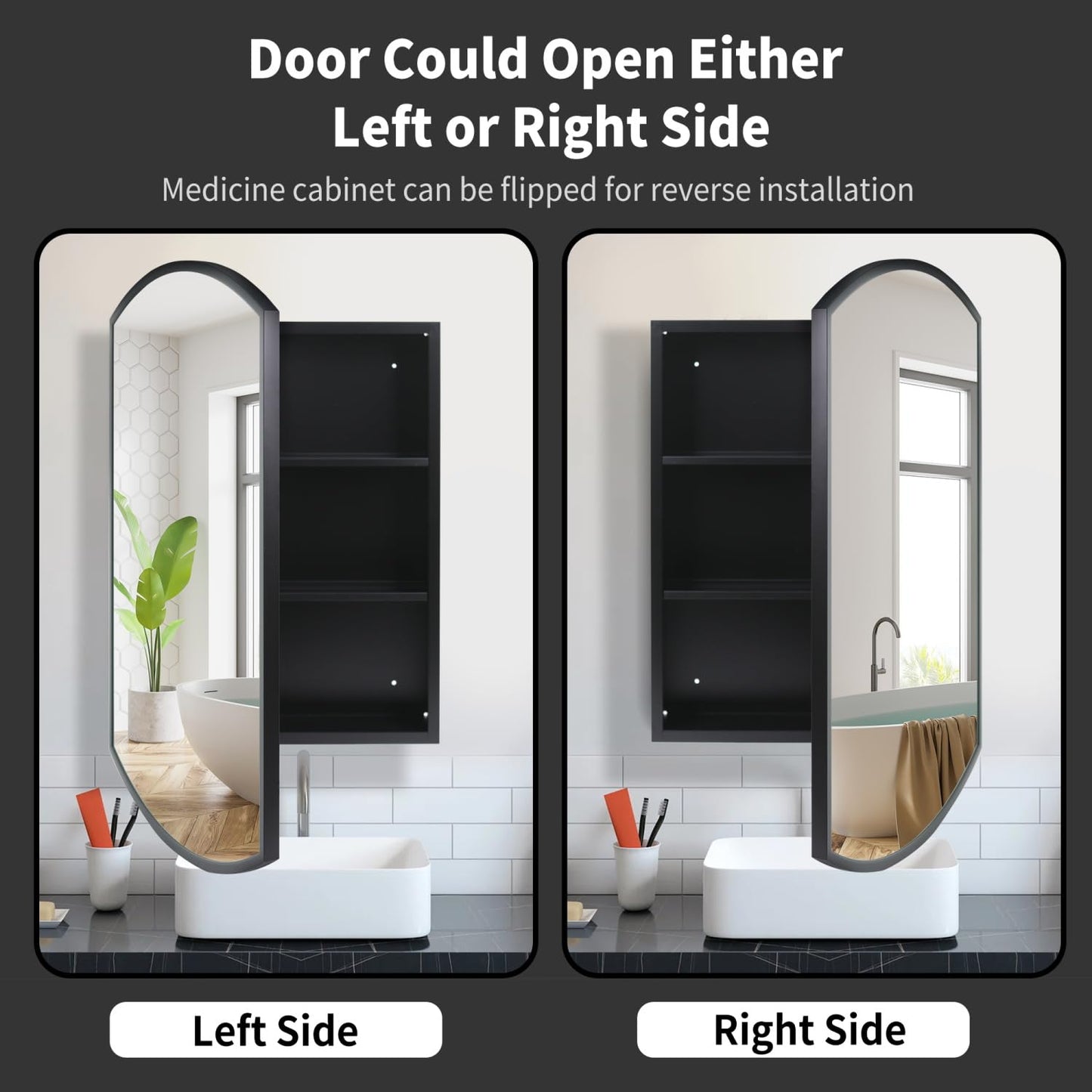 Movo 20 Inch x 31 Inch Black Beveled Arched Aluminum Medicine Cabinet with Mirror, Bathroom Mirror with Storage, Surface Mount or Recess Installation