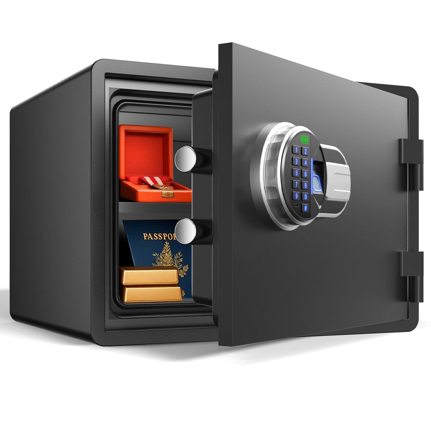Fireproof and waterproof biometric safe, 33 KG, Fireproof box for home,office, lock box, cabinet with fingerprint,silent mode,Anti-Theft,Black