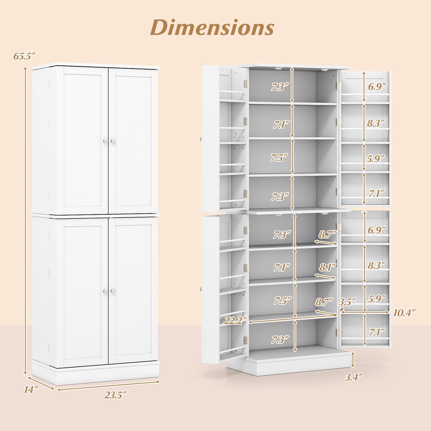 Giantex Kitchen Pantry Cabinet, 65.5" Tall Kitchen Hutch w/8-Tier Storage Cabinet, 16-Tier Door Shelves & Adjustable Shelves, 4-Door Freestanding Buffet Sideboard for Dining Room, Living Room, White