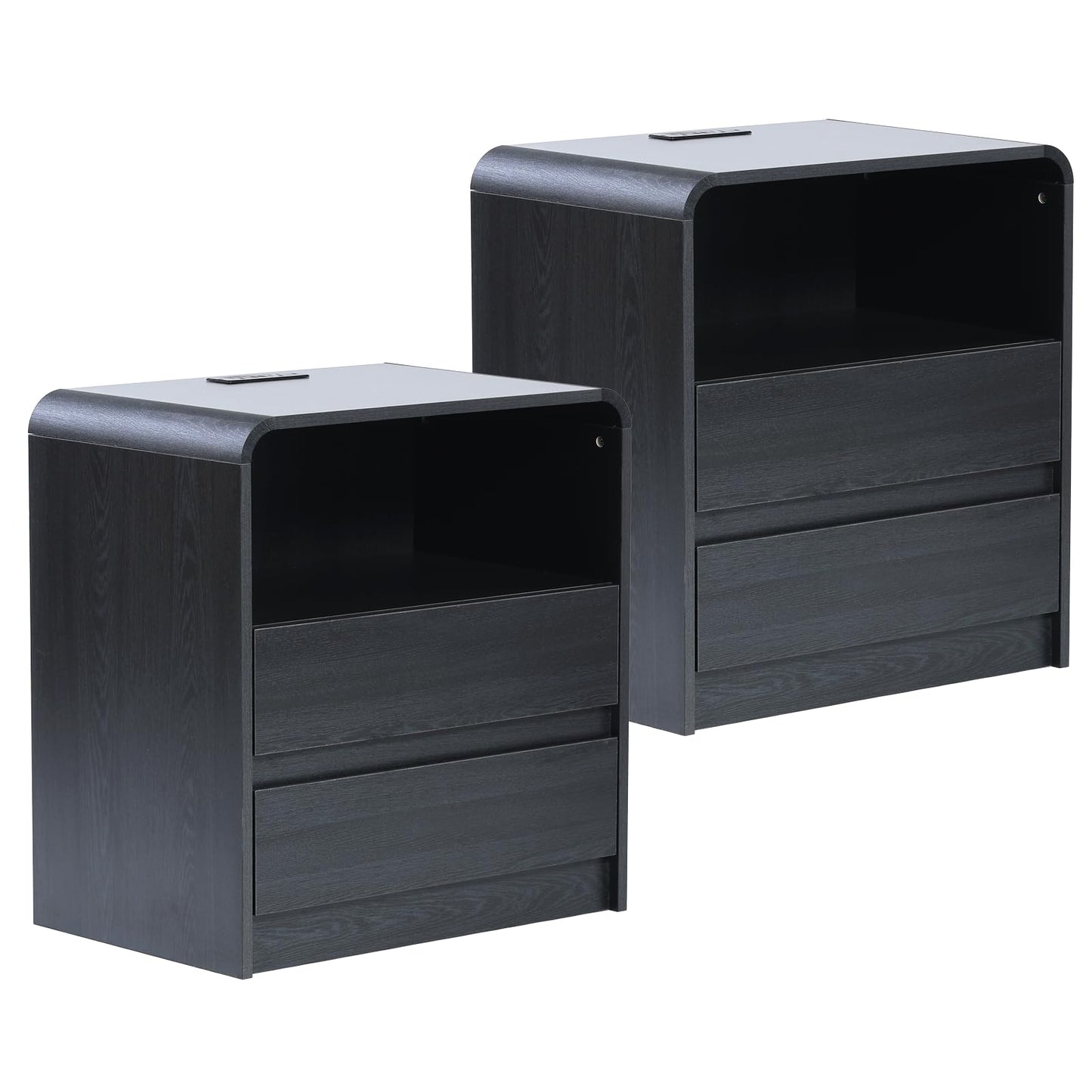 HtThalamic Modern Nightstands Set of 2, Black Night Stand with Charging Station, Wood End Table with 2 Drawers, 23.6'' Wide Bedside Cabinet for Bedroom