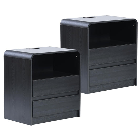 HtThalamic Modern Nightstands Set of 2, Black Night Stand with Charging Station, Wood End Table with 2 Drawers, 23.6'' Wide Bedside Cabinet for Bedroom