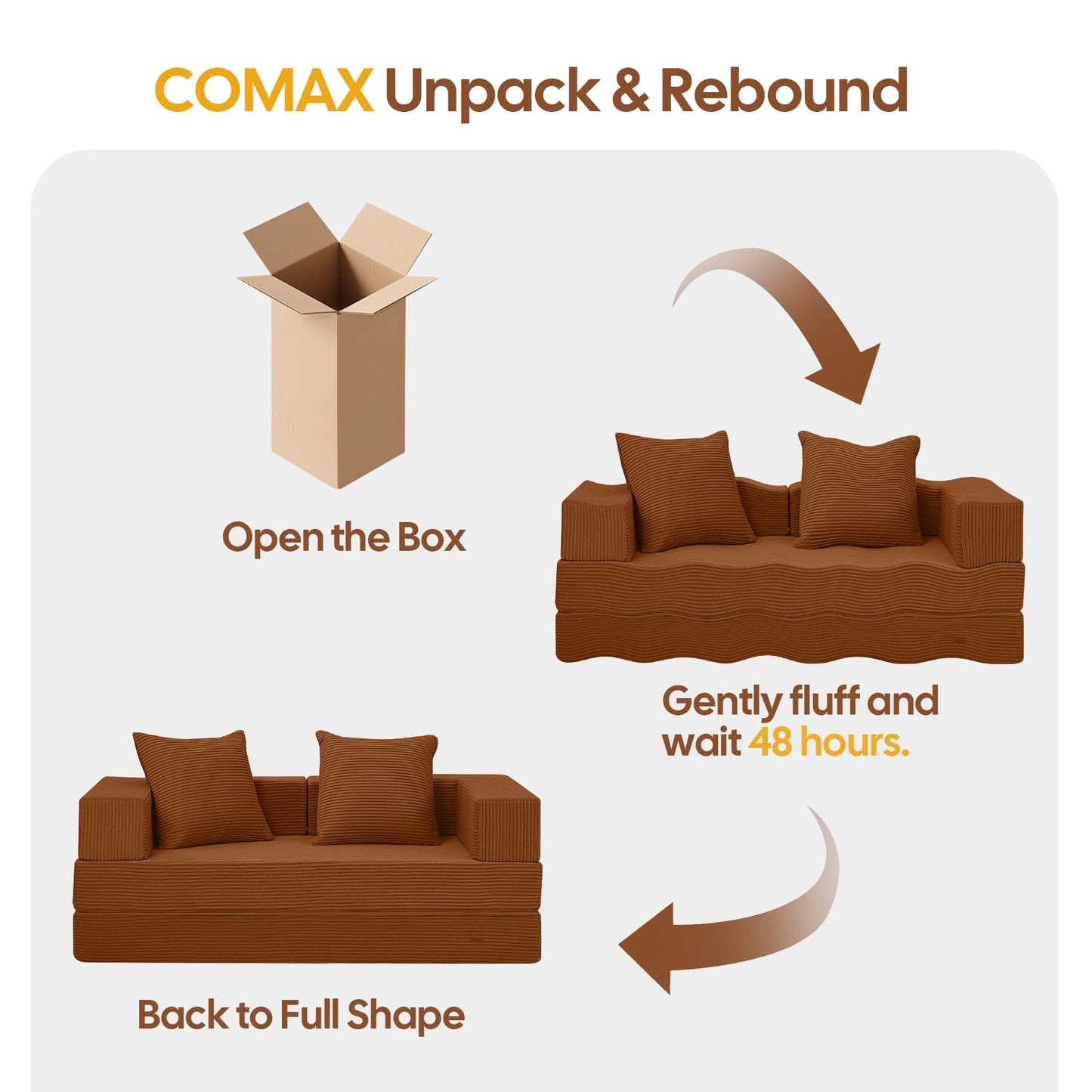 COMAX Futon Sofa Bed, 4‑in‑1 Convertible Sofa Bed, Folding Boneless Couches for Living Room, Fold Out Small Foldable Loveseat Floor Sleeper Comfy Mattress Lounge Space‑Saving, Orange