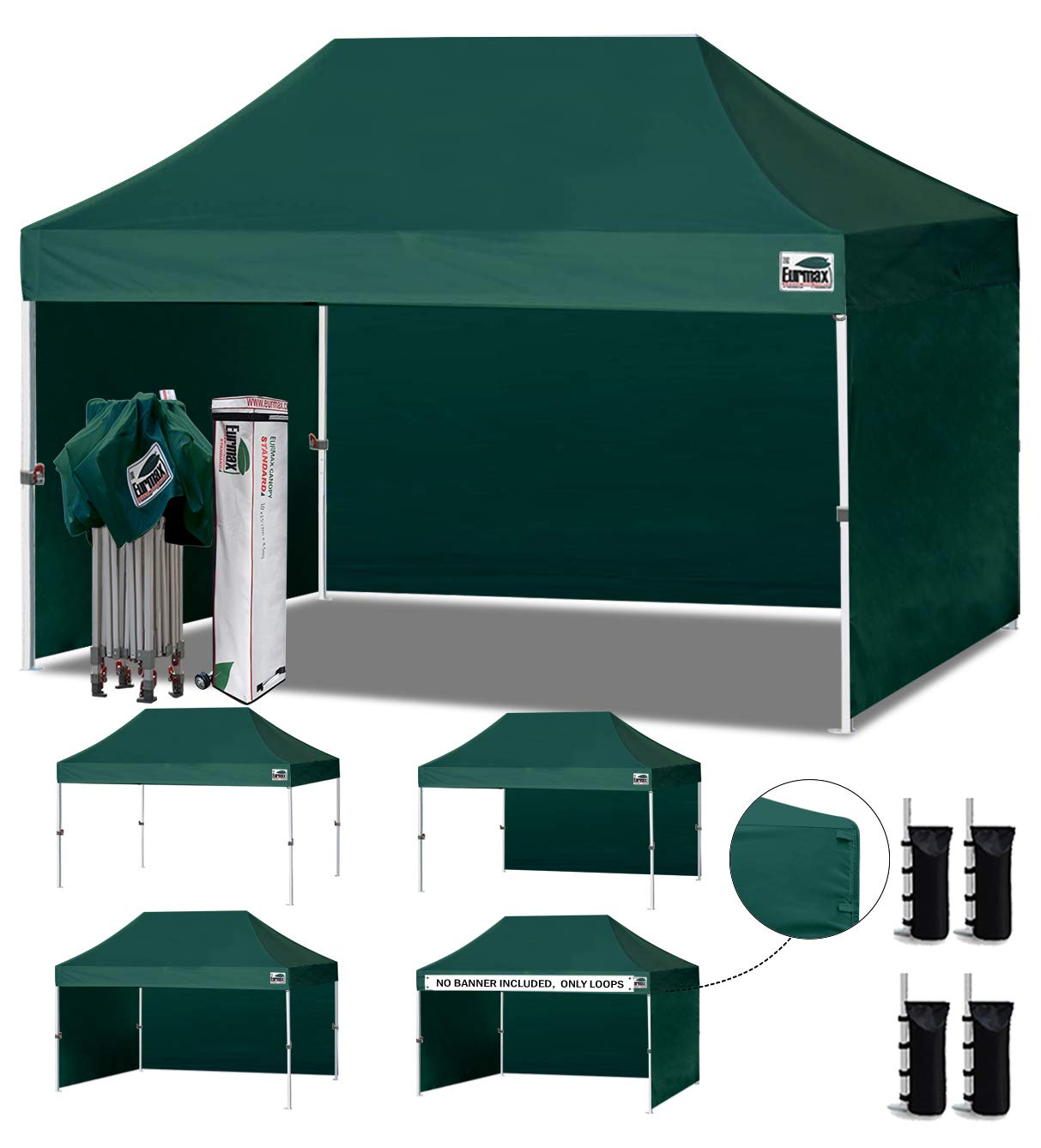 Eurmax USA 10x15 Pop Up Canopy Tent,Commercial Tent with Patented No-Tip Rolling Bag,4 Zippered Removable Walls,UV & Water Resistant Canopy Top,Heavy Duty Outdoor Gazebo,Instant Shelter(Forest Green)