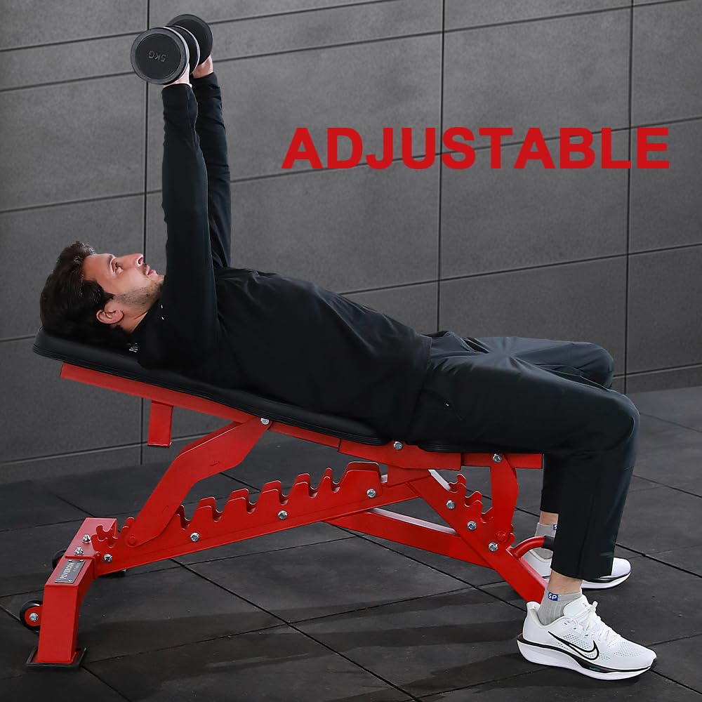 Strength Weight Bench 32 Adjustable Positions Training Benches - Heavy Duty Home Gym Equipment with 1300 LBS Weight Capacity Durable Steel Construction Incline Decline Bench for Full Body Workout (Red)