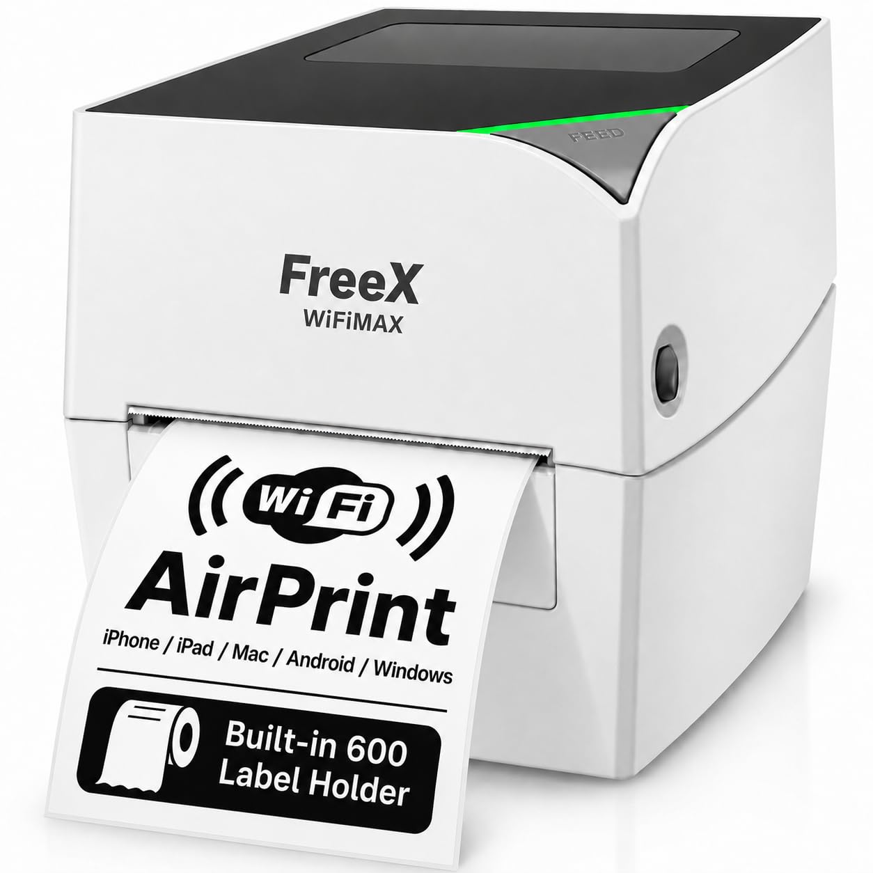 FreeX [Intro Price] WiFiMAX Thermal Printer | Wireless Wi-Fi AirPrint 4x6 Shipping Labels Printer | Compatible with iPhone iOS, MacOS, Android, Windows and Zebra, Brother, Dymo, Rollo, Munbyn Labels