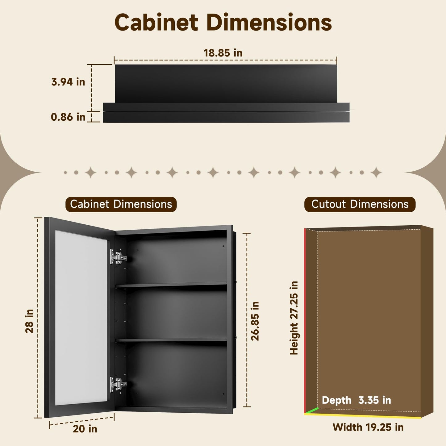 20"x28"Gold Medicine Cabinets for Bathroom with Mirror, Aluminum Alloy Framed Mirror, Recessed(18.85"x22.85")or Surface Wall-Mounted(20"x28") Metal Bathroom Vanity Mirror with Storage Cabinet