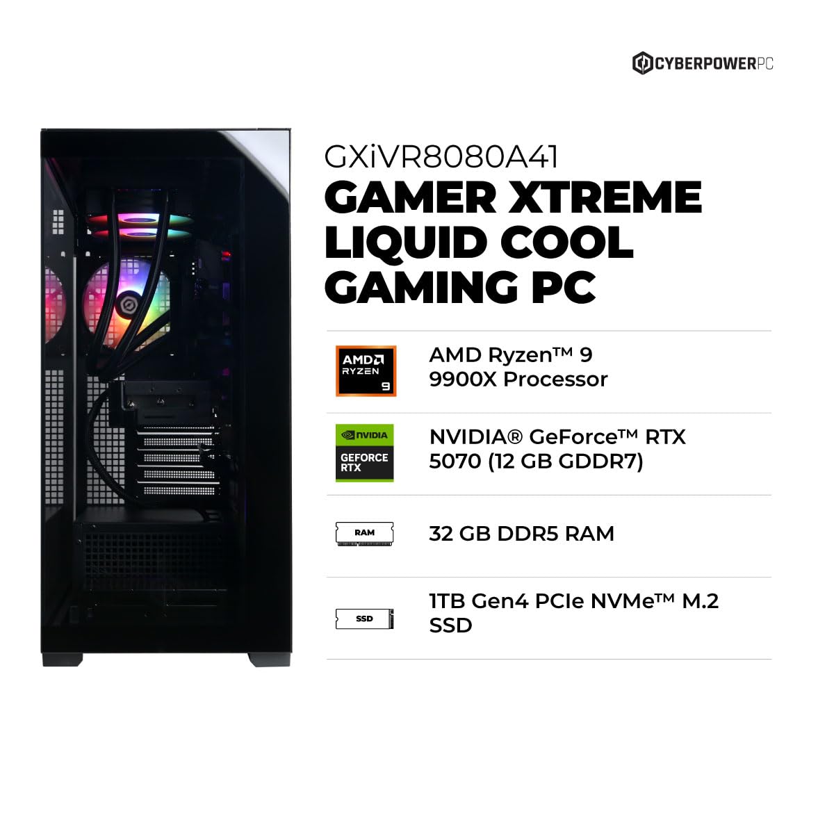 CyberPowerPC Gamer Xtreme Gaming PC, AMD Ryzen 9 9900X 4.4GHz, GeForce RTX 5070 12GB, 32GB DDR5, 1TB PCIe 4.0 SSD, WiFi Ready & Windows 11 Home (GXiVR8080A41)