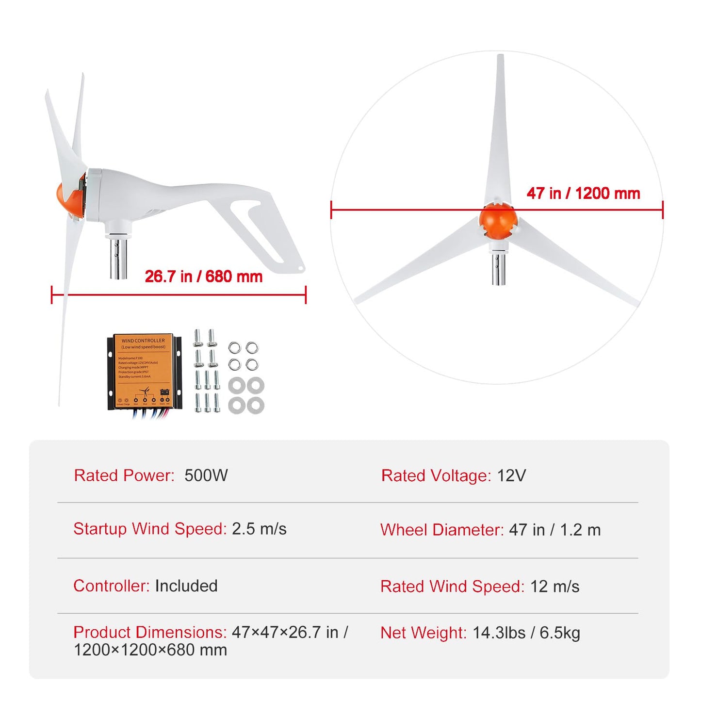 Happybuy 500W Wind Turbine Generator, 12V Wind Power Kit, 3-Blade Wind Generator with MPPT Controller, Adjustable Windward Direction, 2.5m/s Start Wind Speed, Ideal for Home, Farm, RVs, Boats