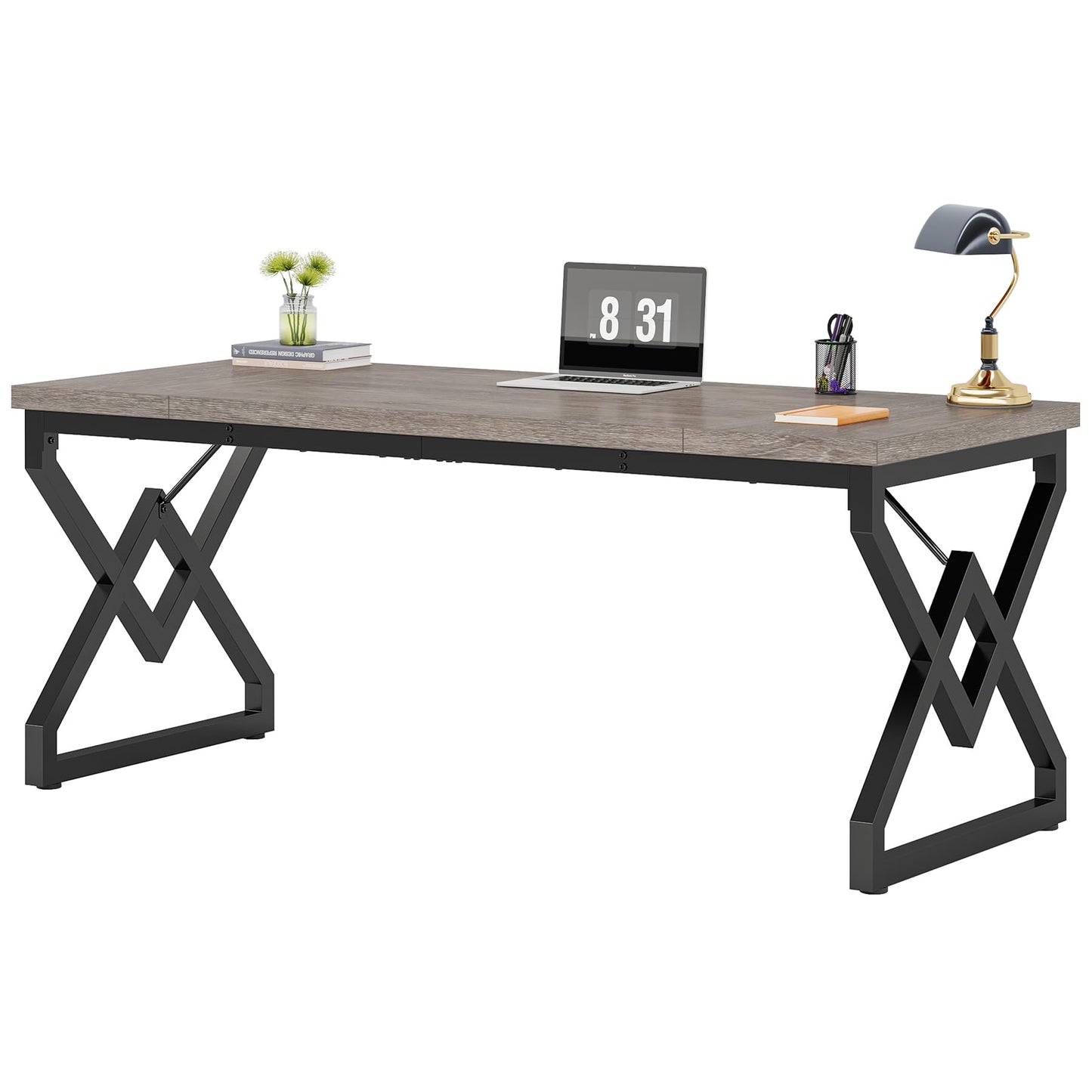Tribesigns 63 Inch Executive Desk, Large Office Computer Desk with Extra Thick Wooden Tabletop and Metal Frame, Modern Simple Workstation Writing Table Study Desk for Home Office, Gray