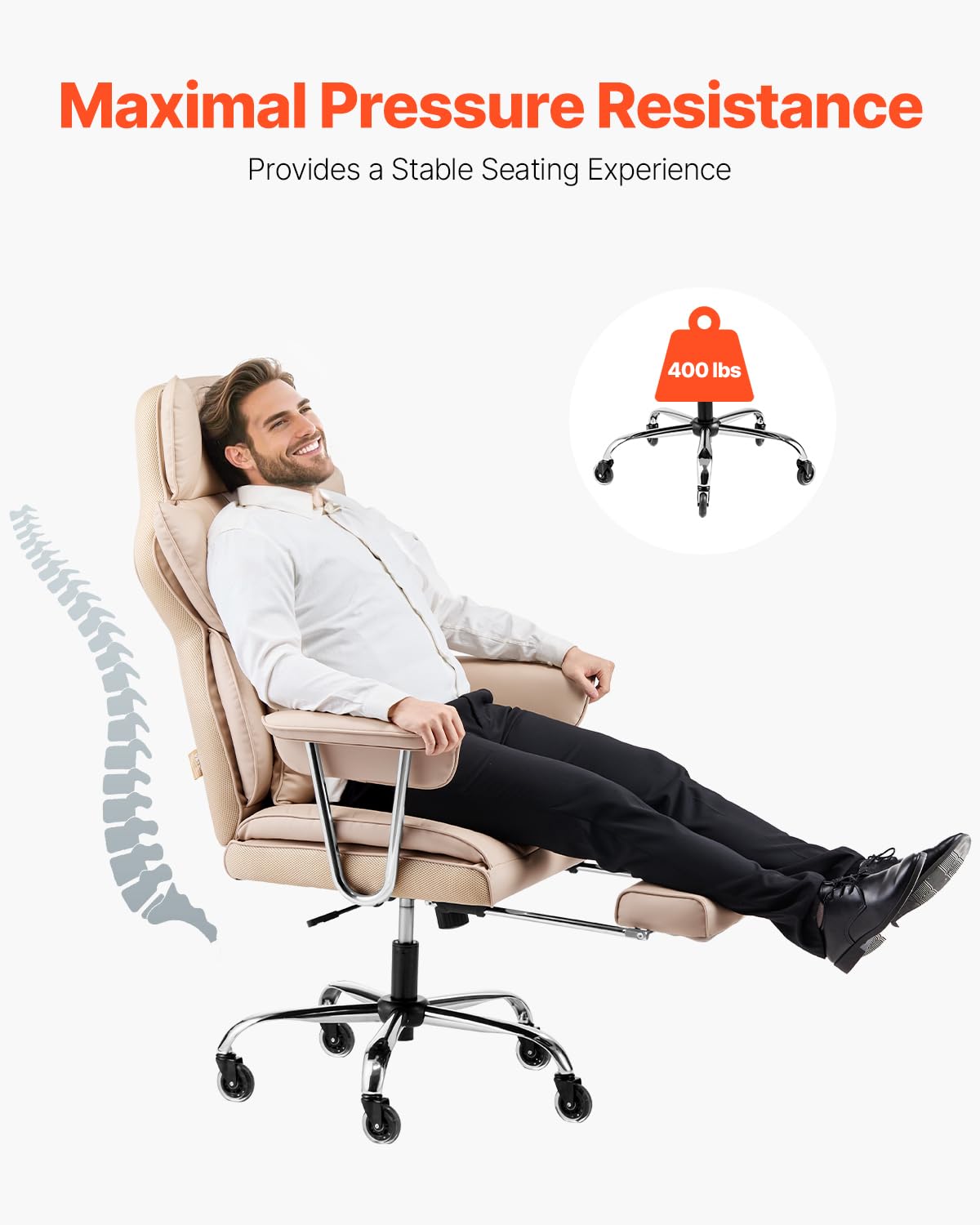 VEVOR Executive Office Chair with Footrest, 400lb Capacity Oversize Office Chair with Lumbar Pillow & Removable Armrests, Heavy Duty Ergonomic Chair, PU Leather Reclining Home Office Desk Chair, Brown