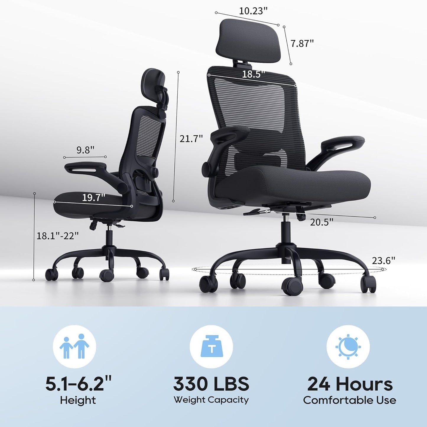 Ergonomic Office Chair, High Back Mesh Office Chair with Adjustable Lumbar Support, Flip-Up Armrests, Swivel Computer Desk Chair for Home Office