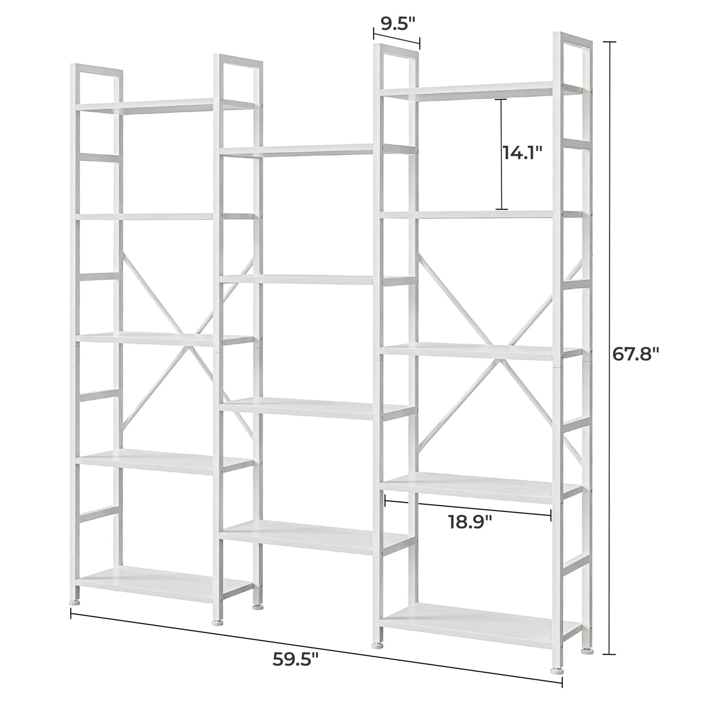 SUPERJARE Triple Bookshelf, Bookcase with 14 Open Display Shelves, Wide Book Shelf Book Case for Home & Office, 5 Tier, White