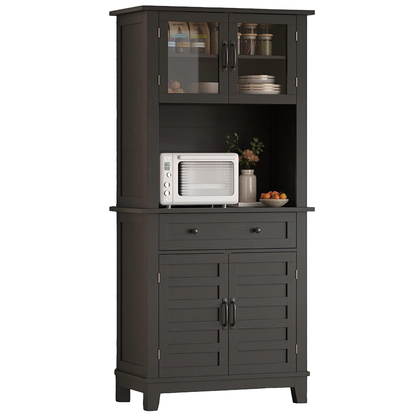 GarveeHome 72 in Tall Kitchen Pantry Cabinet, Kitchen Hutch Bar Cabinet with Microwave Stand, Cupboard with Drawers Glass Doors for Dining Room, Living Room, Dark Black