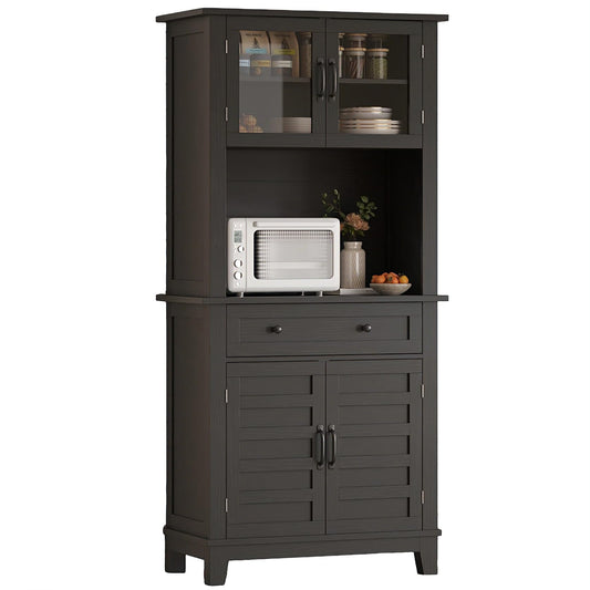 GarveeHome 72 in Tall Kitchen Pantry Cabinet, Kitchen Hutch Bar Cabinet with Microwave Stand, Cupboard with Drawers Glass Doors for Dining Room, Living Room, Dark Black