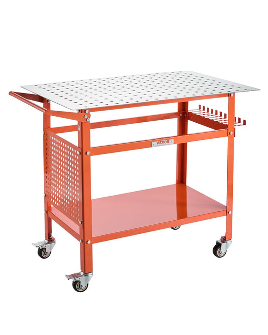 VEVOR Welding Table, 40" x 24" Welding Workbench Table with 800LBS Static Weight Capacity, Movable Steel Work Bench with 4 Wheels (2 with Brake), Double-Layer Storage Board and 5/8-inch Fixture Holes