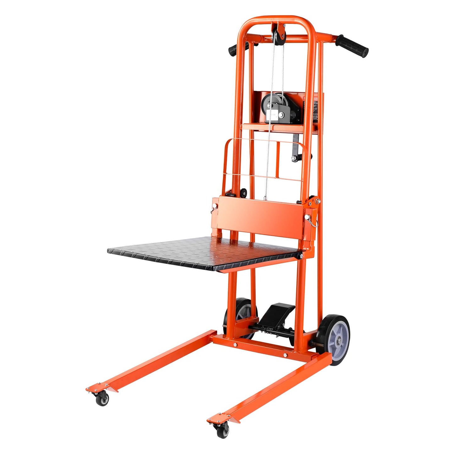 VEVOR Material Lift Winch Stacker, 330lbs Capacity Pallet Truck Dolly, 42.9in Max Lifting Height Manual Winch Stacker, Multifunctional Manual Pallet Truck Stacker with Swivel Casters and Lift Plate
