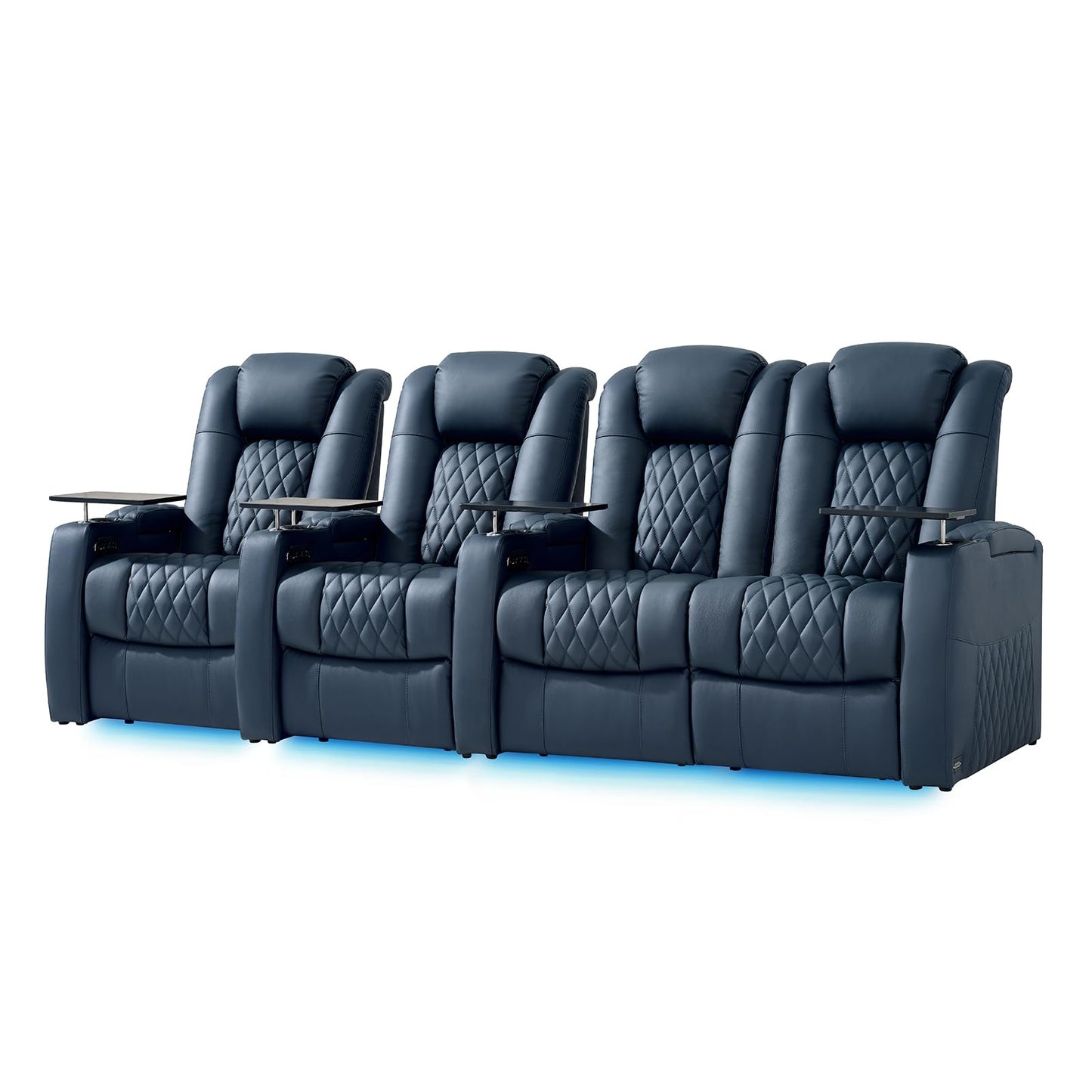 comfiroom Home Theater Seating Classic Series Top Grain Leather Loveseat Recliner Chair Dual Power Movie Theater Chairs Gaming Sofa Electric Headrest with Tray Table (Blue, Row of 4 Loveseat Right)