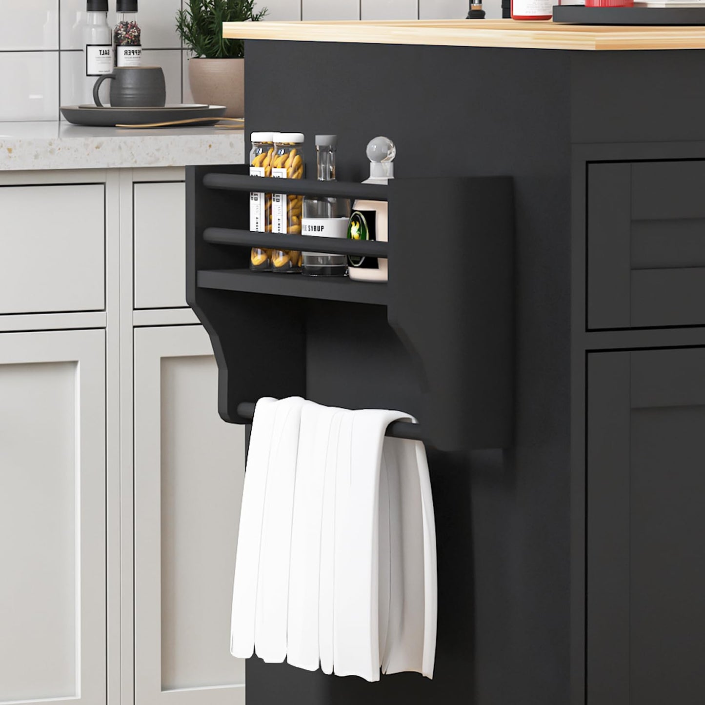 CayugaCrekrd 81.5" Kitchen Island with Extendable Dining Table, Rolling Kitchen Cart on Wheels with Spice Rack, Drawer and Door Cabinet for Dining Room, Black