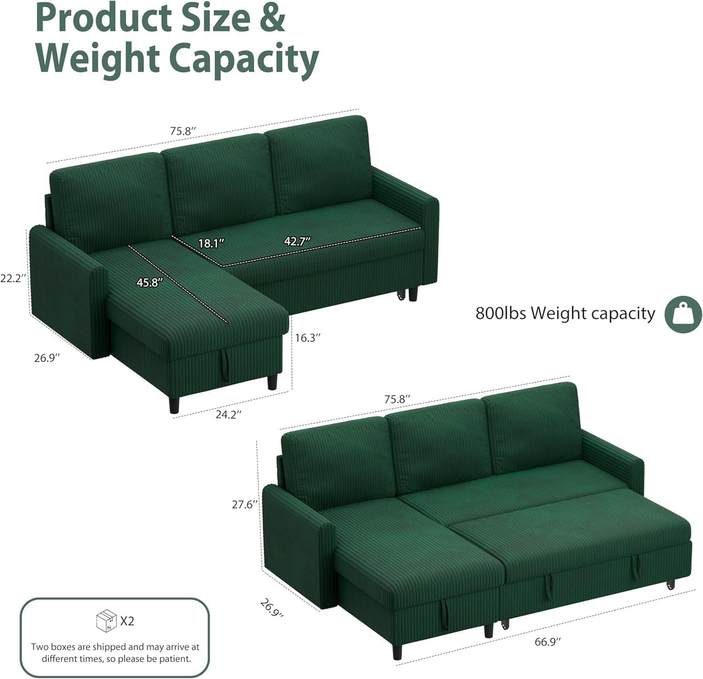 Shintenchi Futon Sofa Bed Convertible Couches L Shaped, 4‑in‑1 Sectional Sleeper Sofa Pull Out Couches for Living Room, Multifunctional Couch with Storage Chaise Corduroy Fabric, Green