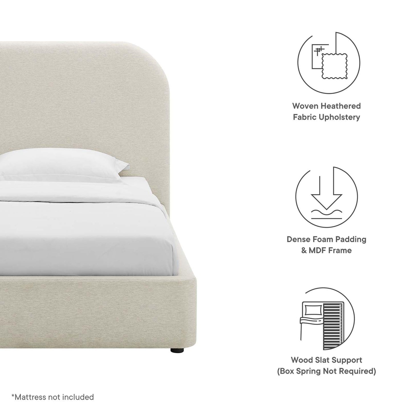 Modway Keynote Modern Bed Frame, Twin Size with Curve Shaped Headboard in Heathered Weave Ivory, Woven Heathered Fabric Upholstery, Twin Size Platform Bed, Soft Cloud Bed Frame, No Box Spring Needed
