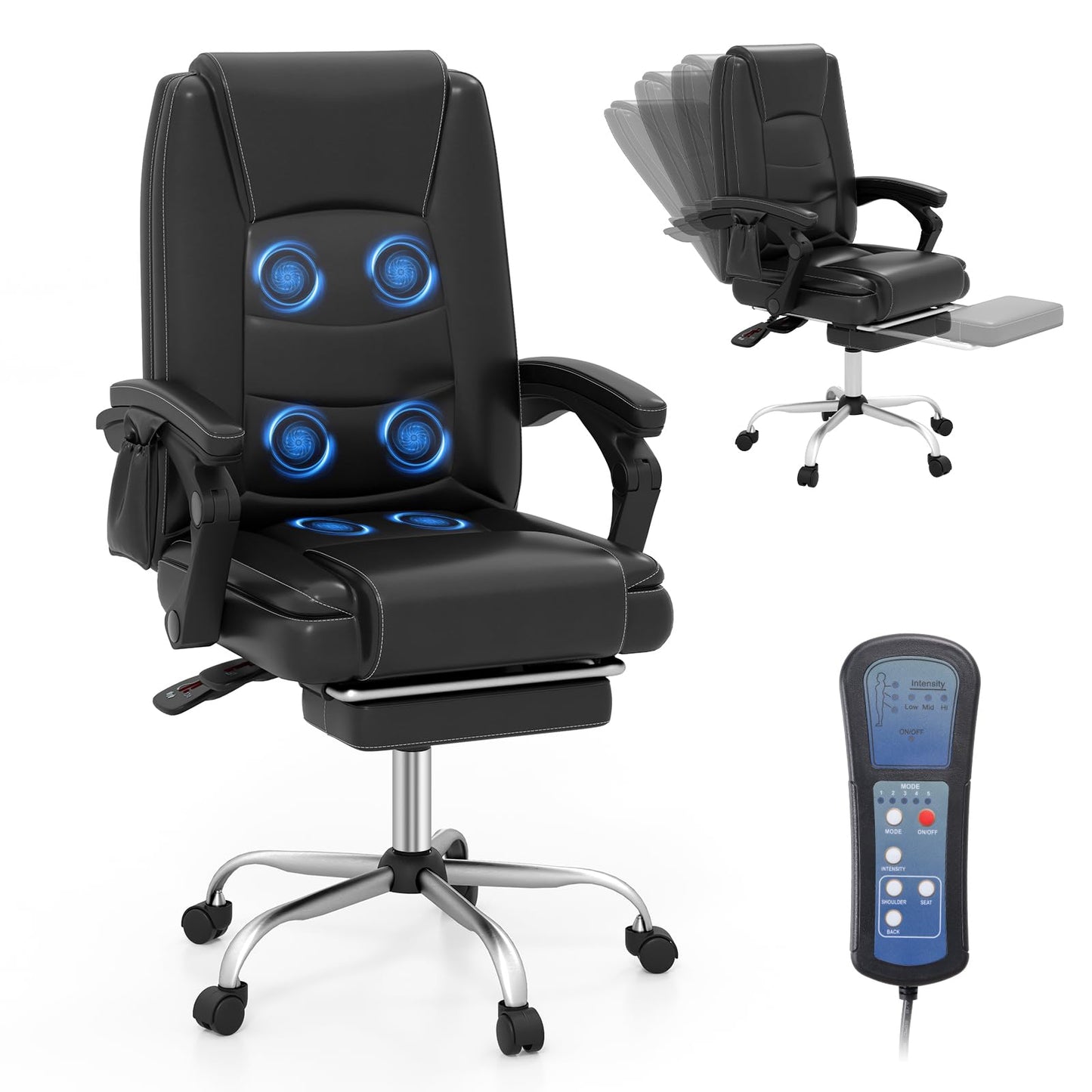 COSTWAY Big and Tall Office Chair, 6-Point Massage Desk Chair with Retractable Footrest, Reclining Backrest & Adjustable Swivel Seat, PU Leather Executive Chair with Wheels, 400 LBS Capacity, Black