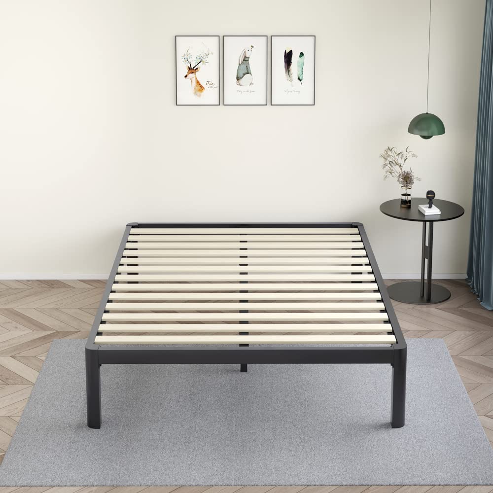 MAF Metal 18 Inch Queen Platform Bed Frame with Anti-Collision Round Legs, Black 3500 Lbs Heavy Duty Bed Frame with Wood Slats, No Box Spring Needed, Easy Assembly