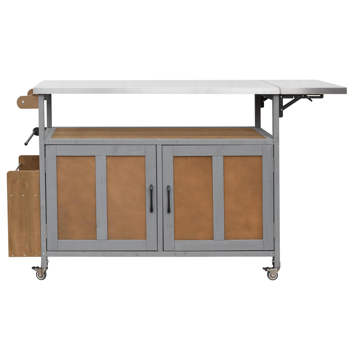 Outdoor Kitchen Island Cart with Foldable Stainless Steel Top, Rolling Grill Table with Adjustable Shelf Storage Spice Rack & Towel Holder, Wooden BBQ Prep Station with Lockable Wheels, Espresso Grey